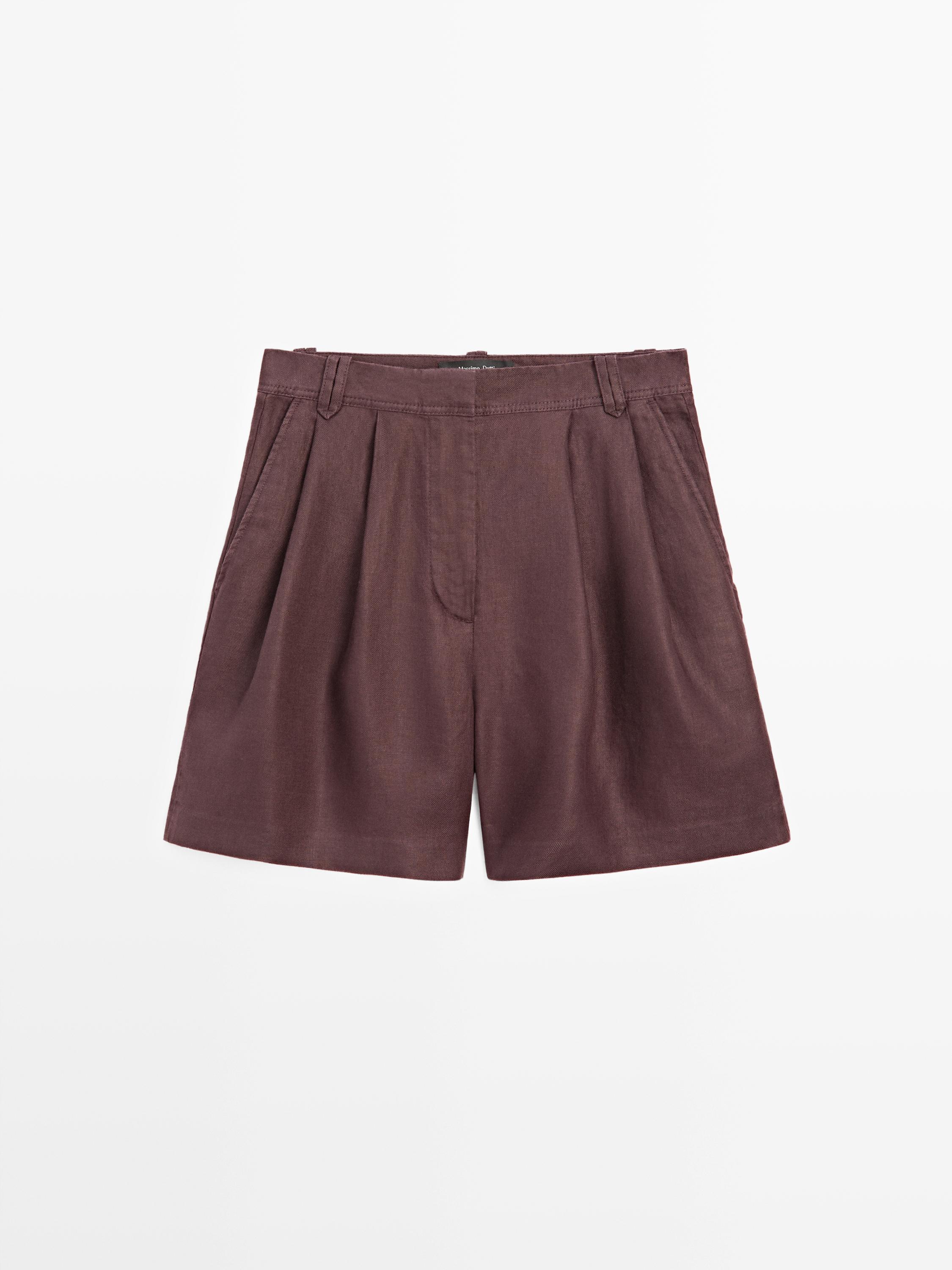100% linen short pleated Bermuda shorts